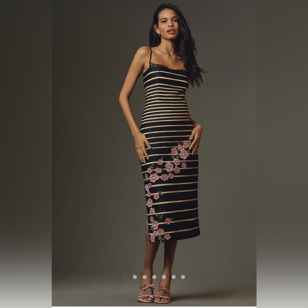 Maeve Slim Black Stripe Floral Midi Dress
